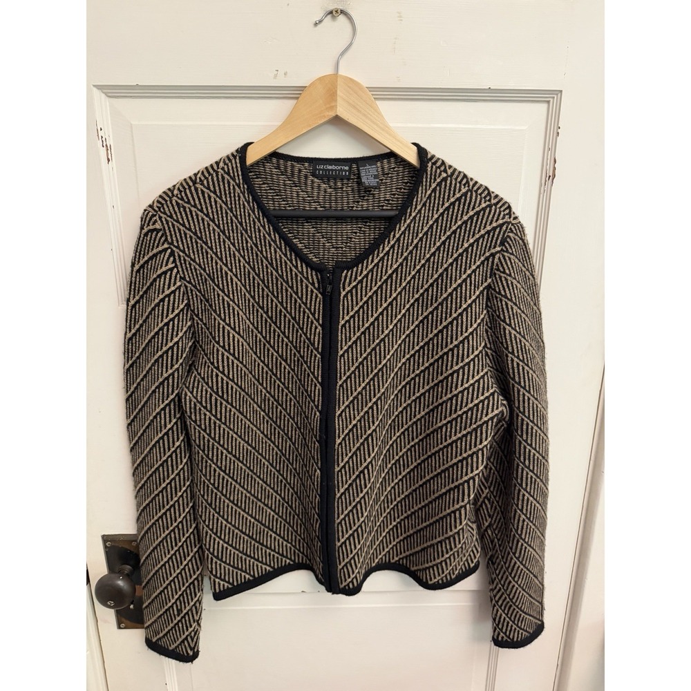 Liz Claiborne Collection Vintage Tan Black Merino Wool Full Zip Sweater Stripe L